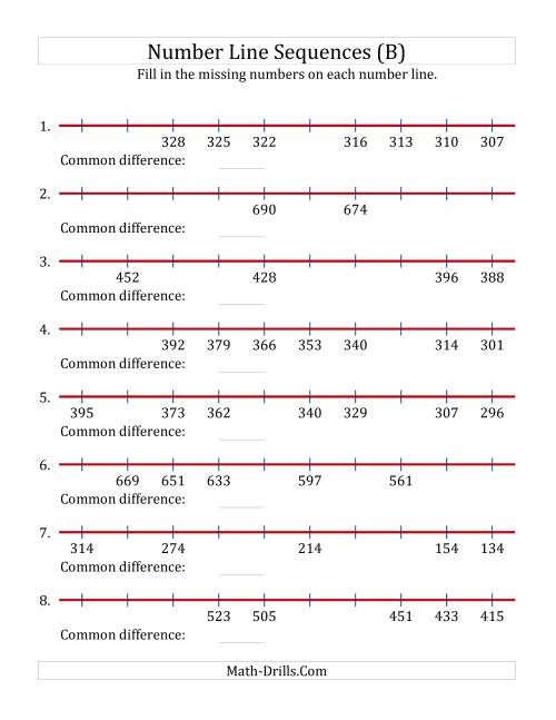 The Decreasing Number Line Sequences with Missing Numbers (Max. 1000) (B) Math Worksheet