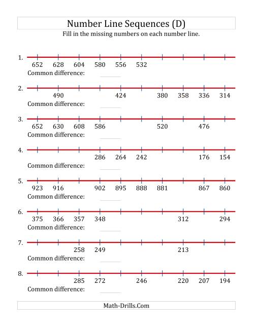 The Decreasing Number Line Sequences with Missing Numbers (Max. 1000) (D) Math Worksheet