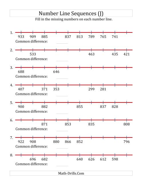 The Decreasing Number Line Sequences with Missing Numbers (Max. 1000) (J) Math Worksheet