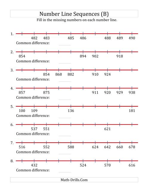The Increasing Number Line Sequences with Missing Numbers (Max. 1000) (B) Math Worksheet