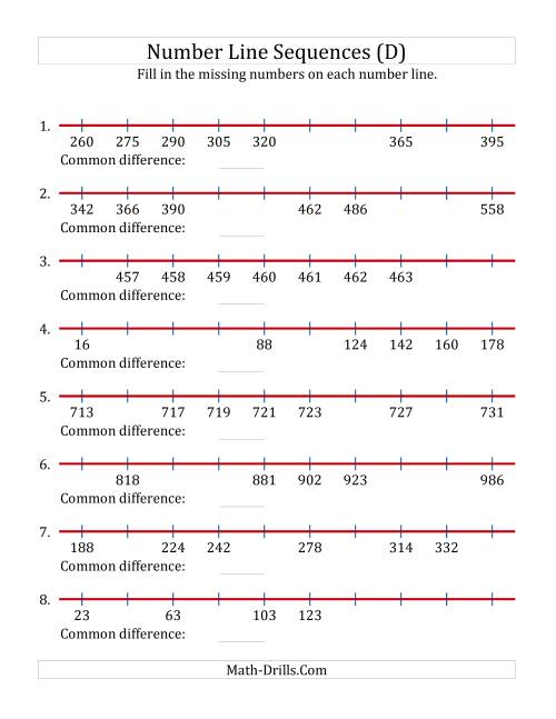 The Increasing Number Line Sequences with Missing Numbers (Max. 1000) (D) Math Worksheet