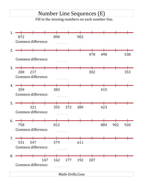 The Increasing Number Line Sequences with Missing Numbers (Max. 1000) (E) Math Worksheet