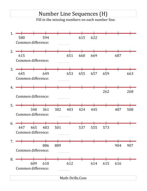 The Increasing Number Line Sequences with Missing Numbers (Max. 1000) (H) Math Worksheet