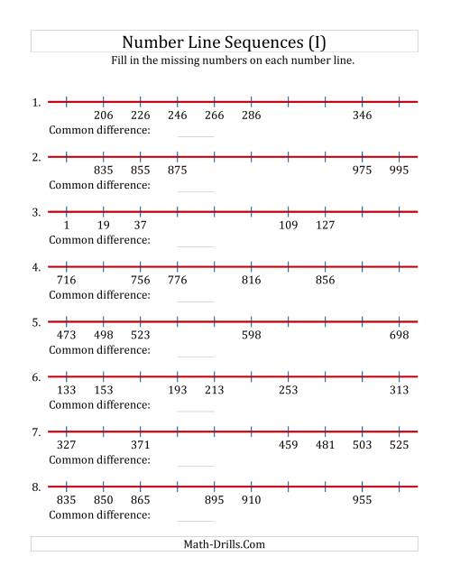 The Increasing Number Line Sequences with Missing Numbers (Max. 1000) (I) Math Worksheet