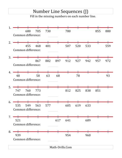 The Increasing Number Line Sequences with Missing Numbers (Max. 1000) (J) Math Worksheet