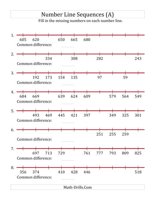 The Increasing and Decreasing Number Line Sequences with Missing Numbers (Max. 1000) (A) Math Worksheet