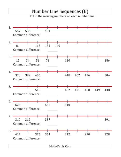 The Increasing and Decreasing Number Line Sequences with Missing Numbers (Max. 1000) (B) Math Worksheet