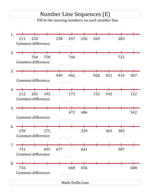 The Increasing and Decreasing Number Line Sequences with Missing Numbers (Max. 1000) (E) Math Worksheet