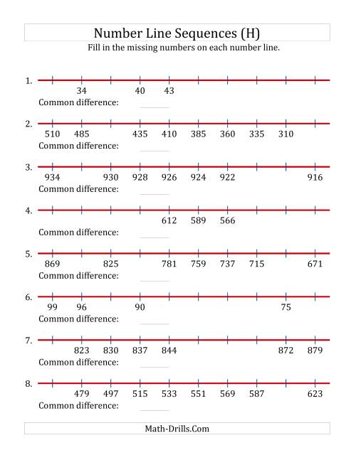 The Increasing and Decreasing Number Line Sequences with Missing Numbers (Max. 1000) (H) Math Worksheet
