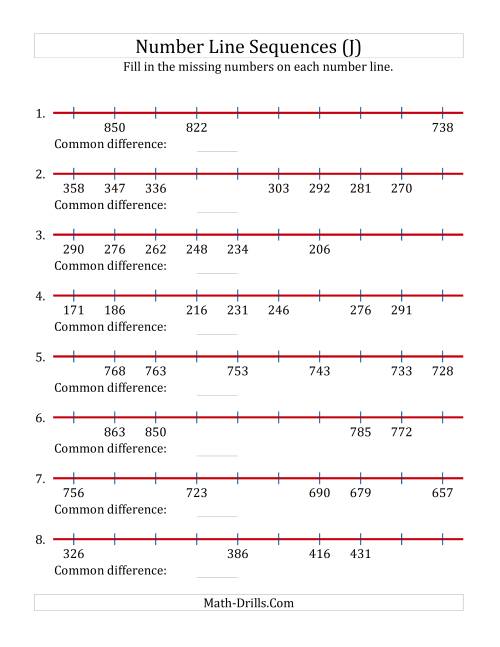The Increasing and Decreasing Number Line Sequences with Missing Numbers (Max. 1000) (J) Math Worksheet