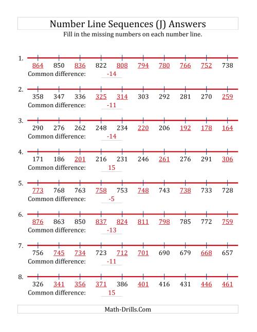 The Increasing and Decreasing Number Line Sequences with Missing Numbers (Max. 1000) (J) Math Worksheet Page 2