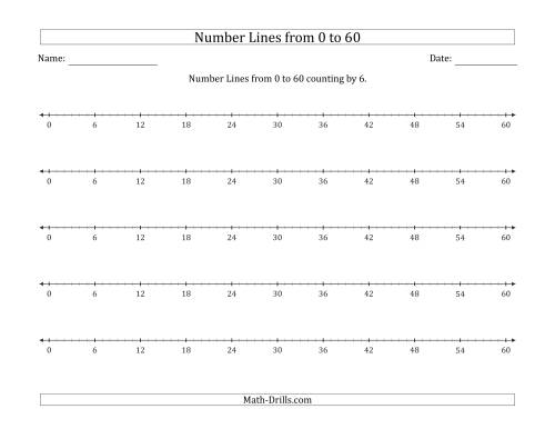 The Number Lines from 0 to 60 counting by 6 Math Worksheet