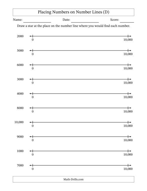 The Placing Rounded Numbers on Number Lines from Zero to Ten Thousand (D) Math Worksheet