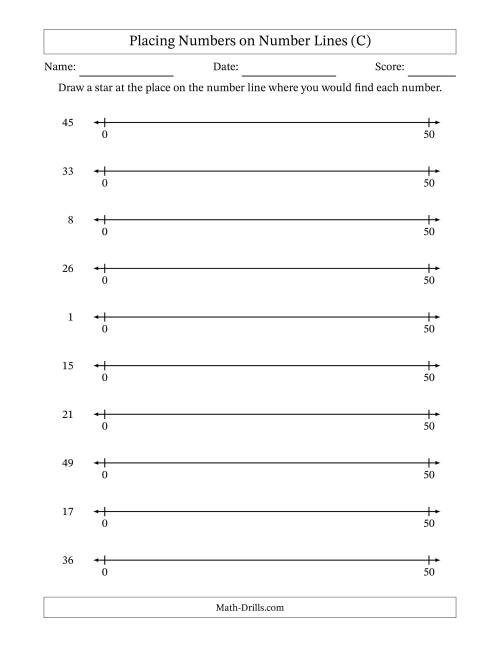 The Placing Numbers on Number Lines from 0 to 50 (C) Math Worksheet