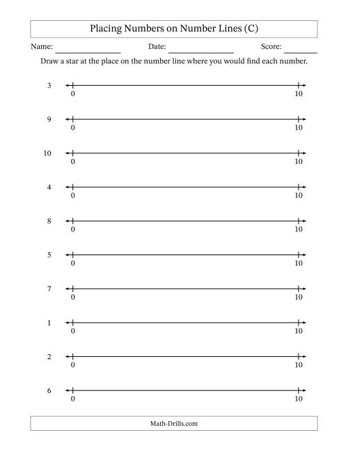 The Placing Numbers on Number Lines from 0 to 10 (C) Math Worksheet