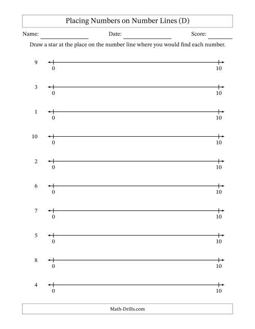 The Placing Numbers on Number Lines from 0 to 10 (D) Math Worksheet