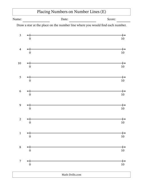 The Placing Numbers on Number Lines from 0 to 10 (E) Math Worksheet