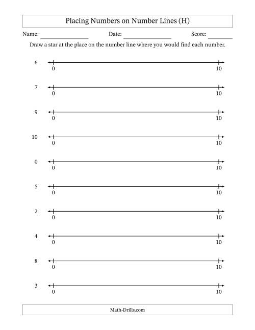 The Placing Numbers on Number Lines from 0 to 10 (H) Math Worksheet