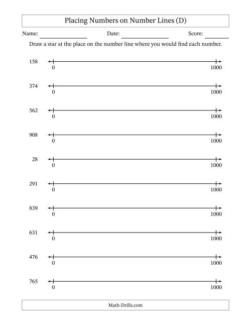 The Placing Numbers on Number Lines from 0 to 1000 (D) Math Worksheet
