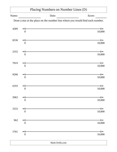 The Placing Numbers on Number Lines from 0 to 10,000 (D) Math Worksheet
