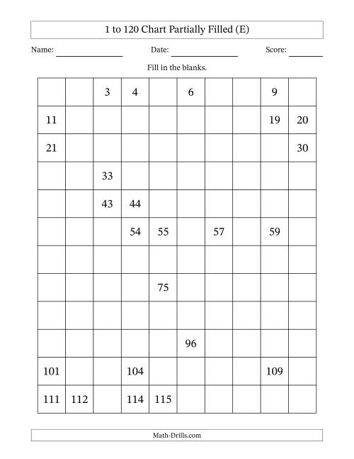 The 1 to 120 Chart Partially Filled (E) Math Worksheet
