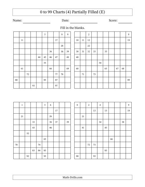 The 0 to 99 Charts (4) Partially Filled (E) Math Worksheet