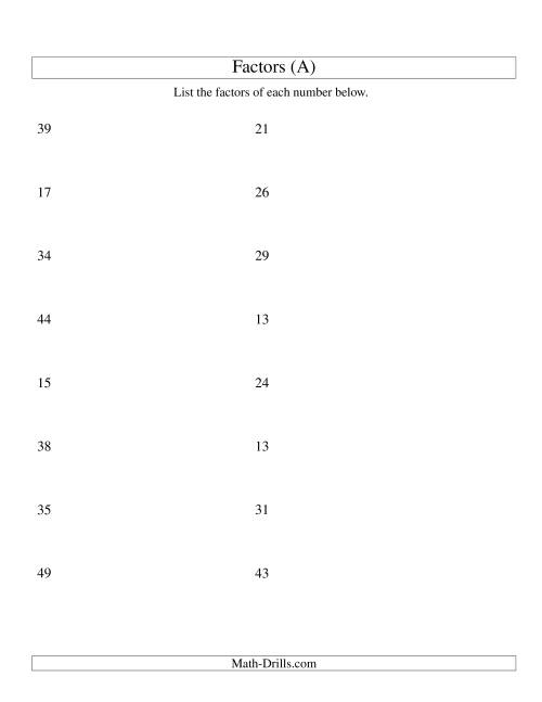 The Finding All Factors of a Number (range 4 to 50) (A) Math Worksheet