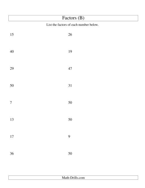 The Finding All Factors of a Number (range 4 to 50) (B) Math Worksheet