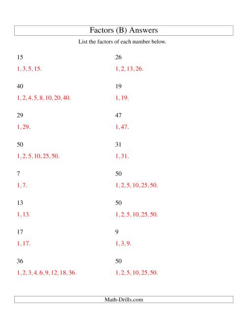 The Finding All Factors of a Number (range 4 to 50) (B) Math Worksheet Page 2