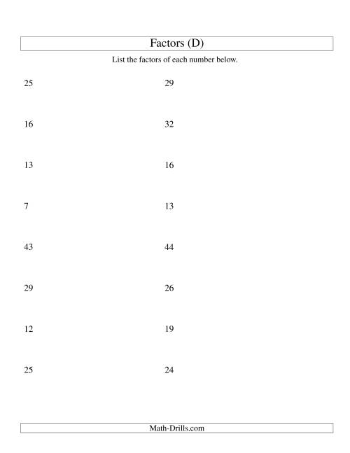 The Finding All Factors of a Number (range 4 to 50) (D) Math Worksheet