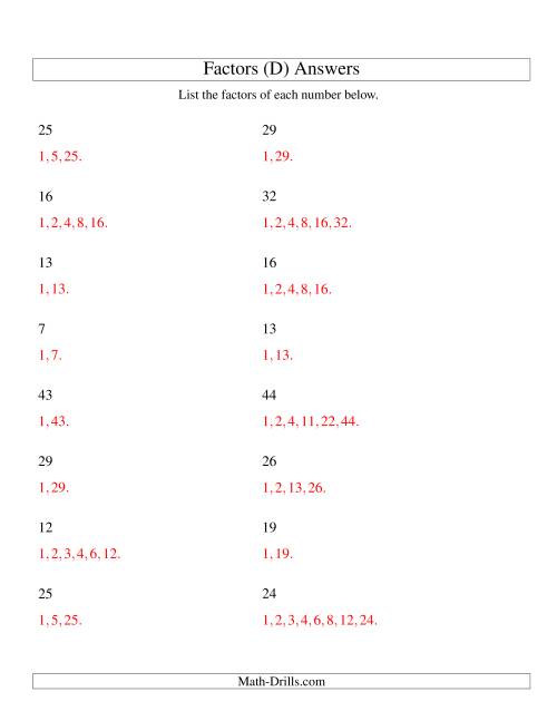 The Finding All Factors of a Number (range 4 to 50) (D) Math Worksheet Page 2