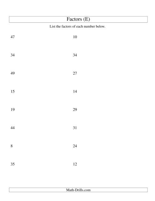 The Finding All Factors of a Number (range 4 to 50) (E) Math Worksheet