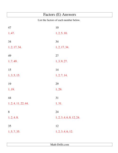 The Finding All Factors of a Number (range 4 to 50) (E) Math Worksheet Page 2