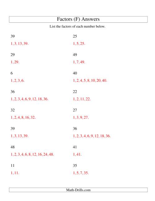 The Finding All Factors of a Number (range 4 to 50) (F) Math Worksheet Page 2