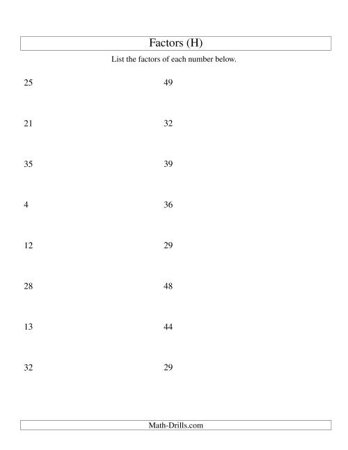 The Finding All Factors of a Number (range 4 to 50) (H) Math Worksheet