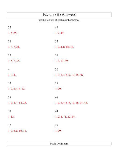 The Finding All Factors of a Number (range 4 to 50) (H) Math Worksheet Page 2
