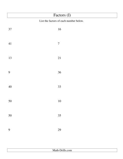 The Finding All Factors of a Number (range 4 to 50) (I) Math Worksheet