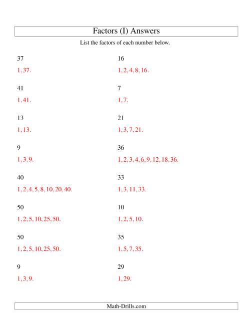The Finding All Factors of a Number (range 4 to 50) (I) Math Worksheet Page 2