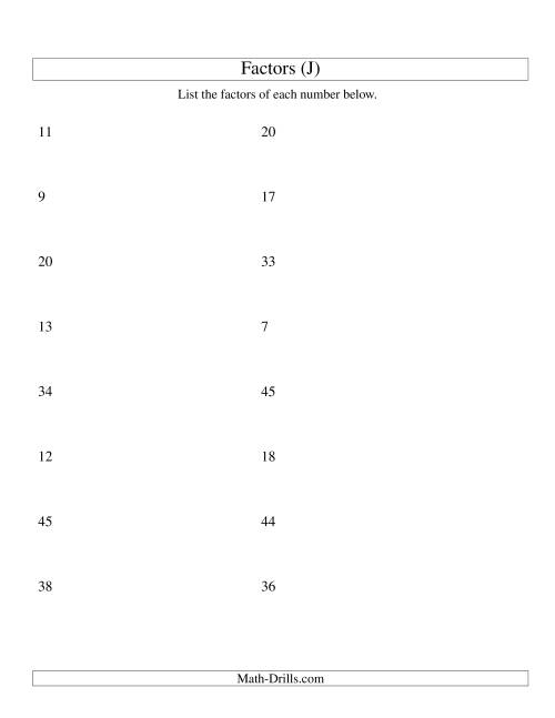 The Finding All Factors of a Number (range 4 to 50) (J) Math Worksheet