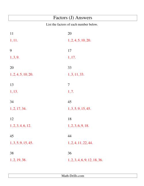 The Finding All Factors of a Number (range 4 to 50) (J) Math Worksheet Page 2