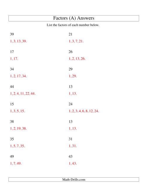 The Finding All Factors of a Number (range 4 to 50) (All) Math Worksheet Page 2