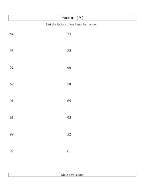 The Finding All Factors of a Number (range 50 to 100) (A) Math Worksheet