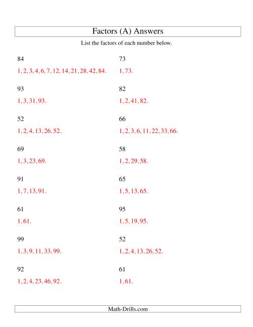 The Finding All Factors of a Number (range 50 to 100) (A) Math Worksheet Page 2