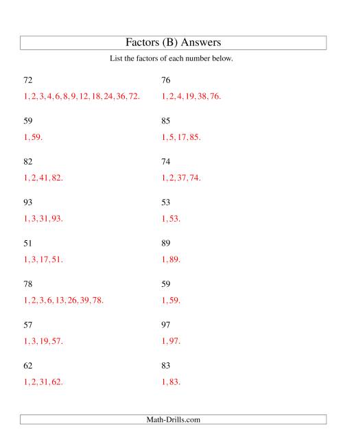 The Finding All Factors of a Number (range 50 to 100) (B) Math Worksheet Page 2