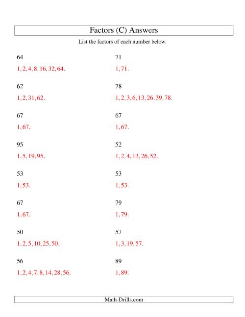 The Finding All Factors of a Number (range 50 to 100) (C) Math Worksheet Page 2