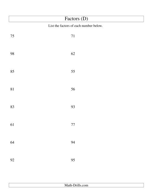 The Finding All Factors of a Number (range 50 to 100) (D) Math Worksheet