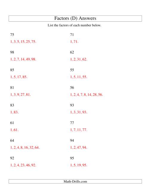 The Finding All Factors of a Number (range 50 to 100) (D) Math Worksheet Page 2