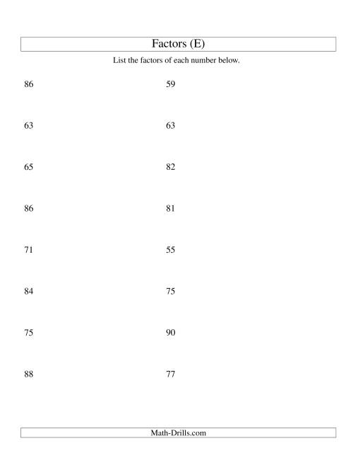 The Finding All Factors of a Number (range 50 to 100) (E) Math Worksheet