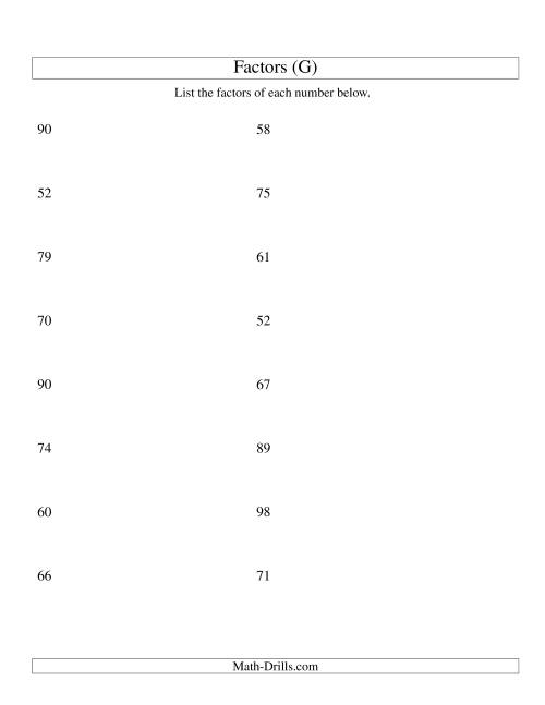 The Finding All Factors of a Number (range 50 to 100) (G) Math Worksheet