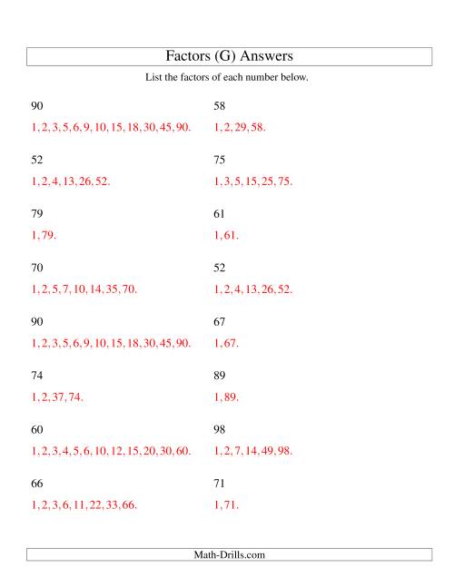 The Finding All Factors of a Number (range 50 to 100) (G) Math Worksheet Page 2